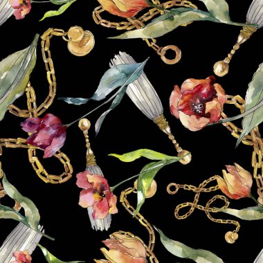 Kırmızı lale çiçek botanik çiçek. Yabani bahar yaprağı kır çiçeği. Suluboya illüstrasyon seti. Suluboya çizim moda aquarelle. Kusursuz arka plan deseni. Kumaş duvar kağıdı baskı doku.