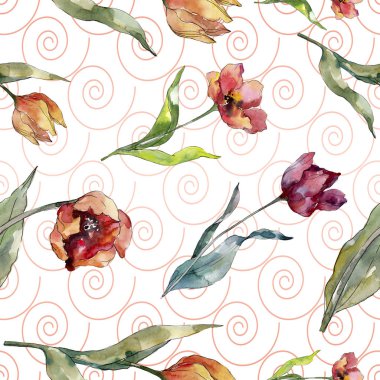 Kırmızı lale çiçek botanik çiçek. Yabani bahar yaprağı kır çiçeği. Suluboya illüstrasyon seti. Suluboya çizim moda aquarelle. Kusursuz arka plan deseni. Kumaş duvar kağıdı baskı doku.
