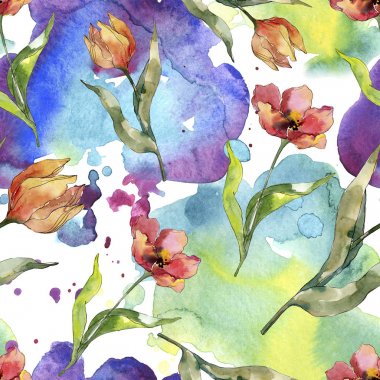 Kırmızı lale çiçek botanik çiçek. Yabani bahar yaprağı kır çiçeği. Suluboya illüstrasyon seti. Suluboya çizim moda aquarelle. Kusursuz arka plan deseni. Kumaş duvar kağıdı baskı doku.