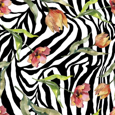 Kırmızı lale çiçek botanik çiçek. Yabani bahar yaprağı kır çiçeği. Suluboya illüstrasyon seti. Suluboya çizim moda aquarelle. Kusursuz arka plan deseni. Kumaş duvar kağıdı baskı doku.