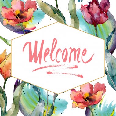 Kırmızı lale çiçek botanik çiçek. Yabani bahar yaprağı kır çiçeği izole. Suluboya arka plan illüstrasyon seti. Suluboya çizim moda aquarelle. Çerçeve kenar kristal süs kare.