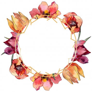 Kırmızı lale çiçek botanik çiçek. Yabani bahar yaprağı kır çiçeği izole. Suluboya arka plan illüstrasyon seti. Suluboya çizim moda aquarelle. Çerçeve kenar kristal süs kare.