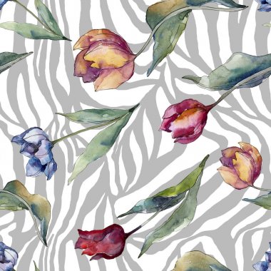 Lale çiçek botanik çiçekleri. Yabani bahar yaprağı kır çiçeği izole. Suluboya illüstrasyon seti. Suluboya çizim moda aquarelle. Kusursuz arka plan deseni. Kumaş duvar kağıdı baskı doku.