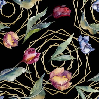 Lale çiçek botanik çiçekleri. Yabani bahar yaprağı kır çiçeği izole. Suluboya illüstrasyon seti. Suluboya çizim moda aquarelle. Kusursuz arka plan deseni. Kumaş duvar kağıdı baskı doku.