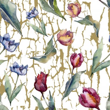 Lale çiçek botanik çiçekleri. Yabani bahar yaprağı kır çiçeği izole. Suluboya illüstrasyon seti. Suluboya çizim moda aquarelle. Kusursuz arka plan deseni. Kumaş duvar kağıdı baskı doku.