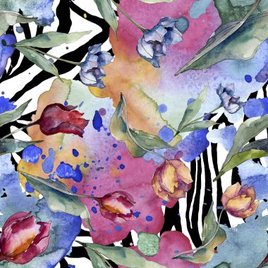 Lale çiçek botanik çiçekleri. Yabani bahar yaprağı kır çiçeği izole. Suluboya illüstrasyon seti. Suluboya çizim moda aquarelle. Kusursuz arka plan deseni. Kumaş duvar kağıdı baskı doku.