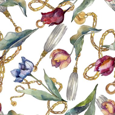 Lale çiçek botanik çiçekleri. Yabani bahar yaprağı kır çiçeği izole. Suluboya illüstrasyon seti. Suluboya çizim moda aquarelle. Kusursuz arka plan deseni. Kumaş duvar kağıdı baskı doku.