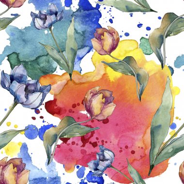 Lale çiçek botanik çiçekleri. Yabani bahar yaprağı kır çiçeği izole. Suluboya illüstrasyon seti. Suluboya çizim moda aquarelle. Kusursuz arka plan deseni. Kumaş duvar kağıdı baskı doku.