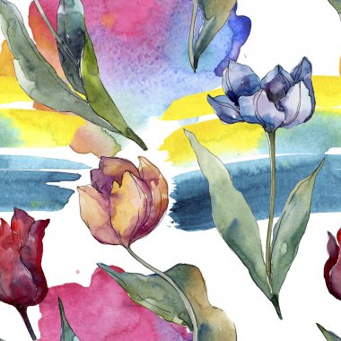 Lale çiçek botanik çiçekleri. Yabani bahar yaprağı kır çiçeği izole. Suluboya illüstrasyon seti. Suluboya çizim moda aquarelle. Kusursuz arka plan deseni. Kumaş duvar kağıdı baskı doku.