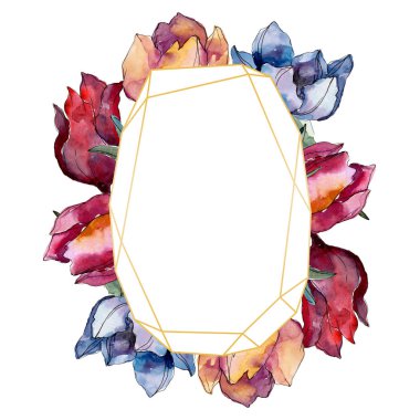Lale çiçek botanik çiçekleri. Yabani bahar yaprağı kır çiçeği izole. Suluboya arka plan illüstrasyon seti. Suluboya çizim moda aquarelle izole. Çerçeve kenar kristal süs kare.