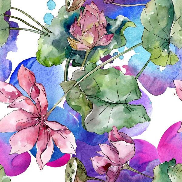 Lotus floral botanical flowers. Wild spring leaf wildflower. Watercolor illustration set. Watercolour drawing fashion aquarelle. Seamless background pattern. Fabric wallpaper print texture.