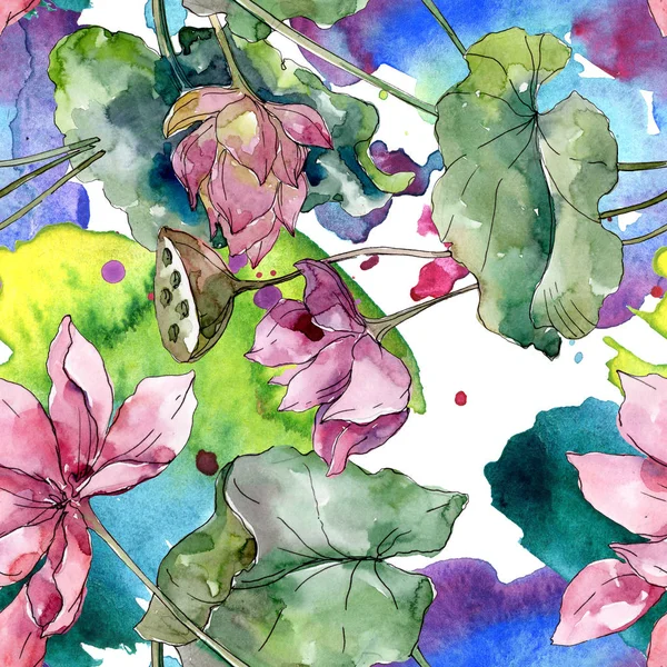 Lotus çiçek botanik çiçekler. Yabani bahar yaprağı kır çiçeği. Suluboya illüstrasyon seti. Suluboya çizim moda aquarelle. Kusursuz arka plan deseni. Kumaş duvar kağıdı baskı doku.