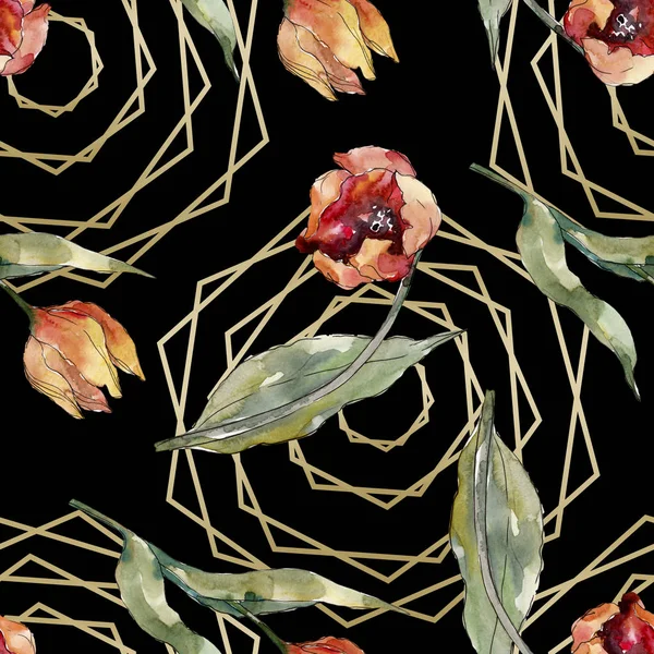 赤いチューリップの花の植物の花 野生の春の葉の野生の花 水彩イラストセット 水彩画ファッションアクアレル シームレスな背景パターン ファブリック壁紙プリントテクスチャ — ストック写真