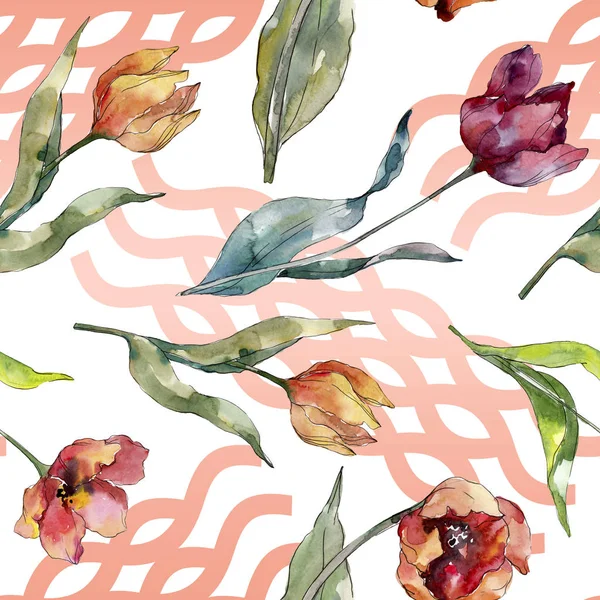 赤いチューリップの花の植物の花 野生の春の葉の野生の花 水彩イラストセット 水彩画ファッションアクアレル シームレスな背景パターン ファブリック壁紙プリントテクスチャ — ストック写真