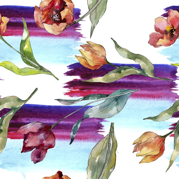 Red tulip floral botanical flower. Wild spring leaf wildflower. Watercolor illustration set. Watercolour drawing fashion aquarelle. Seamless background pattern. Fabric wallpaper print texture.
