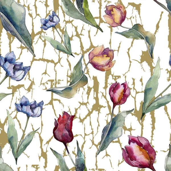 チューリップの花の植物の花 野生の春の葉の野生の花が孤立しました 水彩イラストセット 水彩画ファッションアクアレル シームレスな背景パターン ファブリック壁紙プリントテクスチャ — ストック写真
