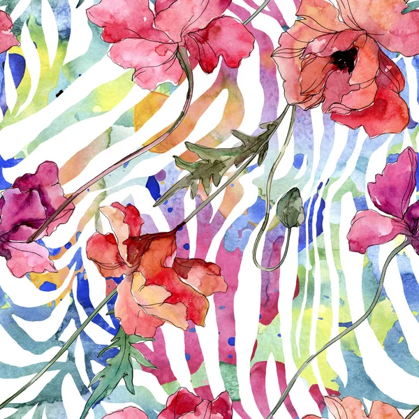 Poppy virágos botanikus virág. Akvarell háttér illusztráció meg. Folytonos háttérmintázat. — Stock Fotó