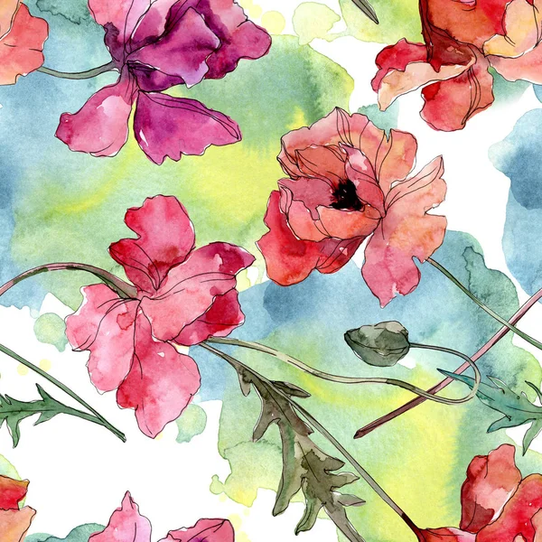 Floare botanică florală de mac. Set de ilustrații de fundal acuarelă. Model de fundal fără sudură . — Fotografie, imagine de stoc