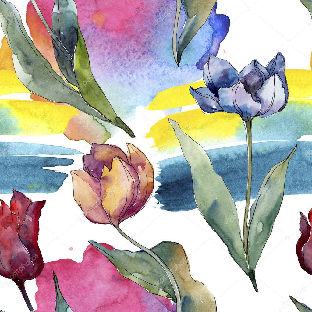 Tulip floral botanical flowers. Wild spring leaf wildflower isolated. Watercolor illustration set. Watercolour drawing fashion aquarelle. Seamless background pattern. Fabric wallpaper print texture.