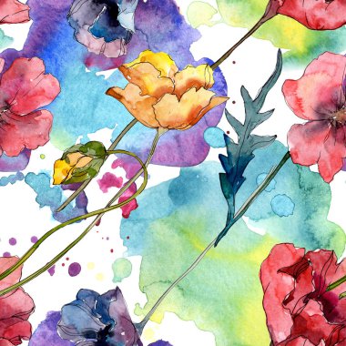 Haşhaş çiçek botanik çiçek. Yabani bahar yaprağı kır çiçeği. Suluboya illüstrasyon seti. Suluboya çizim moda aquarelle. Kusursuz arka plan deseni. Kumaş duvar kağıdı baskı doku.