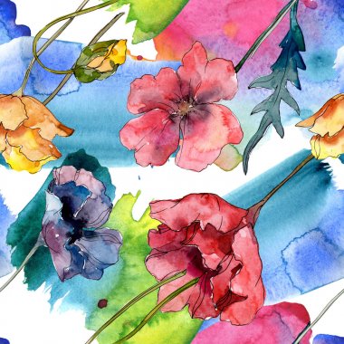 Haşhaş çiçek botanik çiçek. Yabani bahar yaprağı kır çiçeği. Suluboya illüstrasyon seti. Suluboya çizim moda aquarelle. Kusursuz arka plan deseni. Kumaş duvar kağıdı baskı doku.