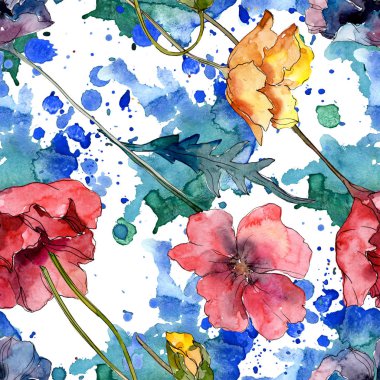 Haşhaş çiçek botanik çiçek. Yabani bahar yaprağı kır çiçeği. Suluboya illüstrasyon seti. Suluboya çizim moda aquarelle. Kusursuz arka plan deseni. Kumaş duvar kağıdı baskı doku.