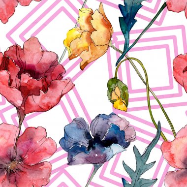 Haşhaş çiçek botanik çiçek. Yabani bahar yaprağı kır çiçeği. Suluboya illüstrasyon seti. Suluboya çizim moda aquarelle. Kusursuz arka plan deseni. Kumaş duvar kağıdı baskı doku.