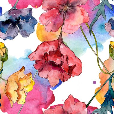 Haşhaş çiçek botanik çiçek. Yabani bahar yaprağı kır çiçeği. Suluboya illüstrasyon seti. Suluboya çizim moda aquarelle. Kusursuz arka plan deseni. Kumaş duvar kağıdı baskı doku.