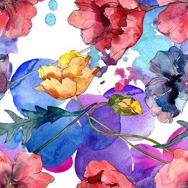 Haşhaş çiçek botanik çiçek. Yabani bahar yaprağı kır çiçeği. Suluboya illüstrasyon seti. Suluboya çizim moda aquarelle. Kusursuz arka plan deseni. Kumaş duvar kağıdı baskı doku.