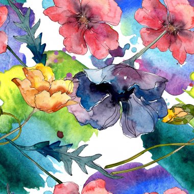Haşhaş çiçek botanik çiçek. Yabani bahar yaprağı kır çiçeği. Suluboya illüstrasyon seti. Suluboya çizim moda aquarelle. Kusursuz arka plan deseni. Kumaş duvar kağıdı baskı doku.