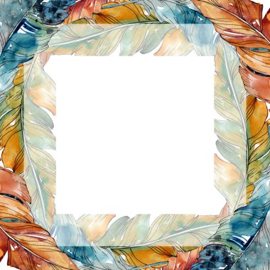 Kanat izole renkli kuş tüyü. Suluboya arka plan illüstrasyon seti. Çerçeve kenarlık süs karesi.