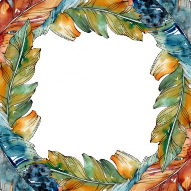 Kanat izole renkli kuş tüyü. Suluboya arka plan illüstrasyon seti. Çerçeve kenarlık süs karesi.