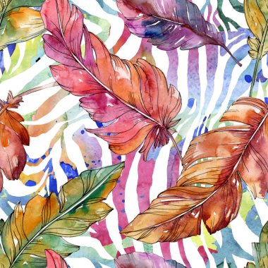 Colorful bird feather from wing isolated. Watercolor background illustration set. Seamless background pattern. clipart