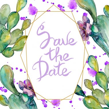 Yeşil kaktüs çiçek botanik çiçekleri. Suluboya arka plan illüstrasyon seti. Çerçeve kenarlık süs karesi.