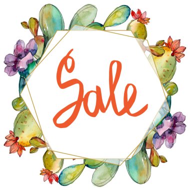 Yeşil kaktüs çiçek botanik çiçekleri. Suluboya arka plan illüstrasyon seti. Çerçeve kenarlık süs karesi.