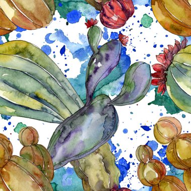 Kaktüs çiçek botanik çiçekleri. Yabani bahar yaprağı kır çiçeği. Suluboya illüstrasyon seti. Suluboya çizim moda aquarelle. Kusursuz arka plan deseni. Kumaş duvar kağıdı baskı doku.