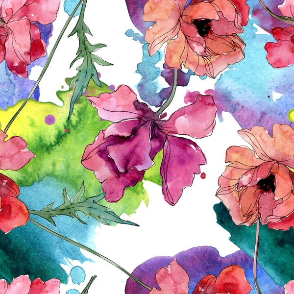 Fiore botanico floreale papavero. Acquerello sfondo illustrazione set. Modello di sfondo senza soluzione di continuità . — Foto Stock