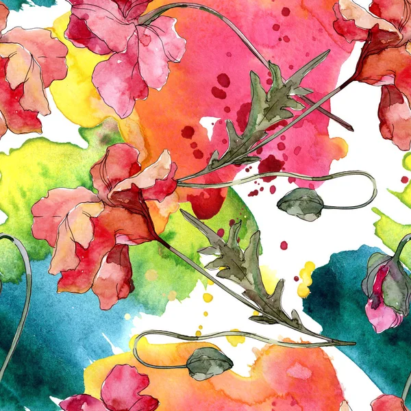 罂粟花植物花。水彩背景插图集。无缝背景模式. — 图库照片
