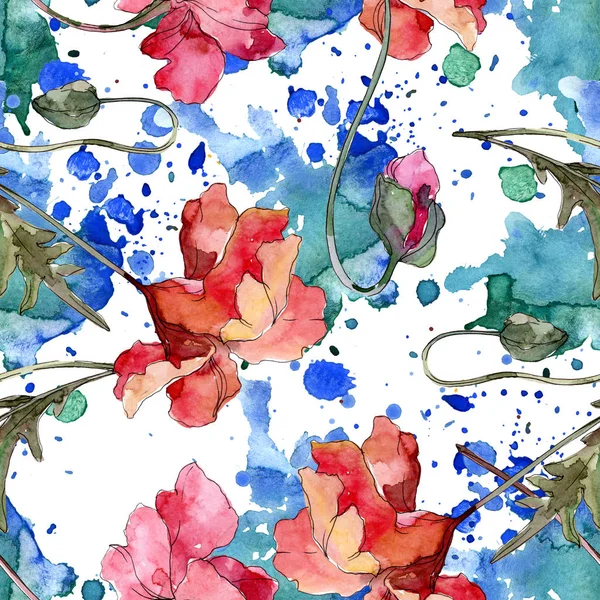 Poppy blomsterbotanisk blomst. Vannfarget bakgrunnsbilde. Sømløst bakgrunnsmønster . – stockfoto