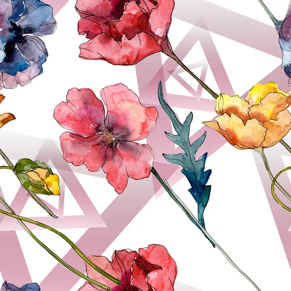 ポピーの花の植物の花 野生の春の葉の野生の花 水彩イラストセット 水彩画ファッションアクアレル シームレスな背景パターン ファブリック壁紙プリントテクスチャ — ストック写真