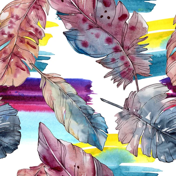 Colorful bird feather from wing isolated. Watercolor background illustration set. Seamless background pattern. — Stock Photo, Image