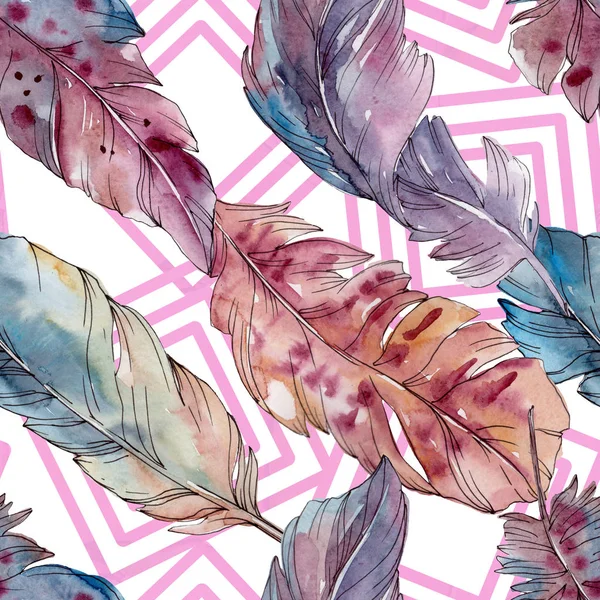 Colorful bird feather from wing isolated. Watercolor background illustration set. Seamless background pattern. — Stock Photo, Image