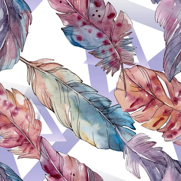 Colorful bird feather from wing isolated. Watercolor background illustration set. Seamless background pattern. — Stock Photo, Image