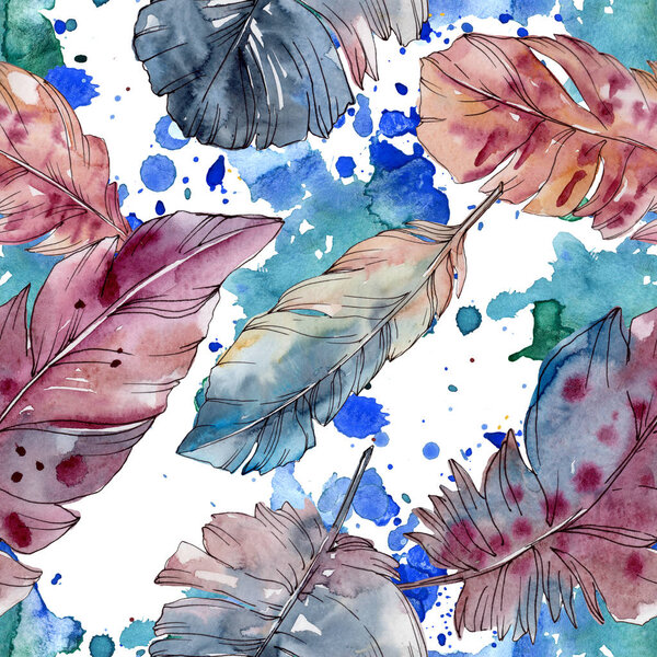 Colorful bird feather from wing isolated. Watercolor background illustration set. Seamless background pattern.