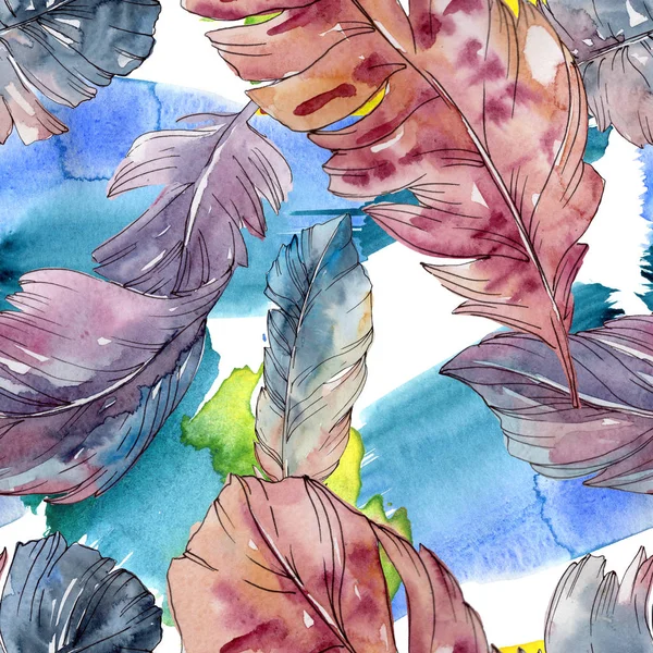 Färgglad fågel fjäder från vinge isolerad. Akvarell bakgrund illustration uppsättning. Sömlöst bakgrundsmönster. — Stockfoto