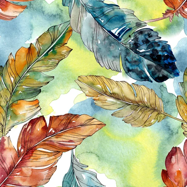 Colorful bird feather from wing isolated. Watercolor background illustration set. Seamless background pattern. — Stock Photo, Image