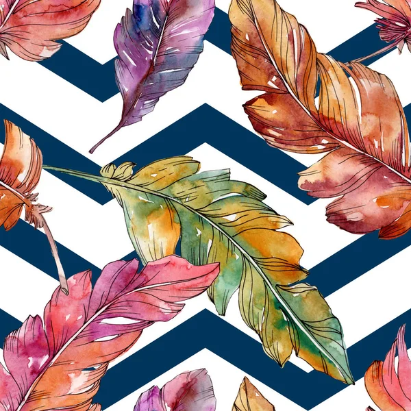 Colorful bird feather from wing isolated. Watercolor background illustration set. Seamless background pattern. — Stock Photo, Image