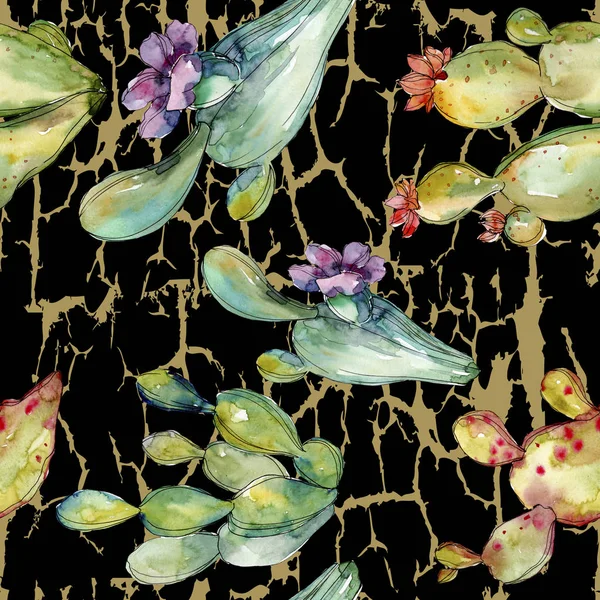 녹색 선인장 꽃 식물 꽃입니다. 수채화 배경 일러스트 세트입니다. 원활한 배경 패턴. — 스톡 사진