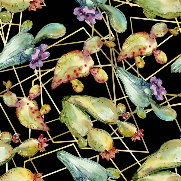 Зеленый кактус цветочные ботанические цветы. Набор акварельных фонов. Бесшовный рисунок фона
.