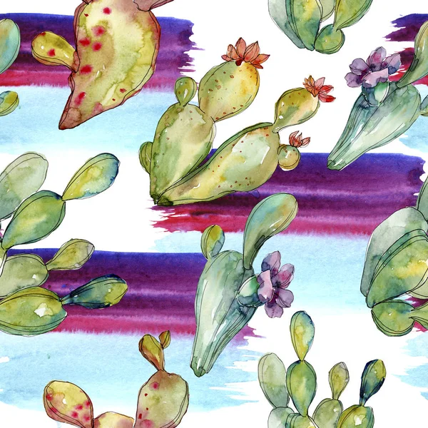 Groene cactus bloemen botanische bloemen. Aquarel achtergrond illustratie instellen. Naadloos achtergrond patroon. — Stockfoto